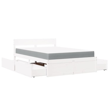 vidaXL Κρεβάτι με Συρτάρια+Στρώμα Λευκό 140x190 εκ. Μασίφ Ξύλο Πεύκου