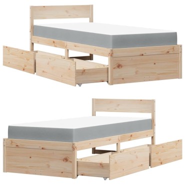 vidaXL Κρεβάτι με Συρτάρια και Στρώμα 90x200cm Μασίφ Ξύλο Πεύκου 1 τεμ. - Μονό