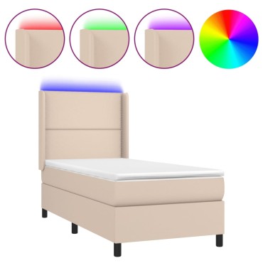 vidaXL Κρεβάτι Boxspring Στρώμα&LED Καπουτσίνο 90x200 εκ. Συνθ. Δέρμα