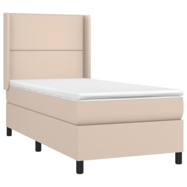 vidaXL Κρεβάτι Boxspring Στρώμα&LED Καπουτσίνο 90x200 εκ. Συνθ. Δέρμα