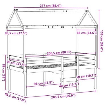 vidaXL Κρεβάτι Υπερυψωμένο με Οροφή Καφέ 90x200 εκ. Μασίφ Ξύλο Πεύκου