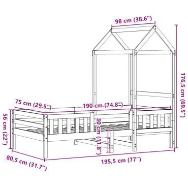 vidaXL Πλαίσιο Κρεβατιού με Οροφή Λευκό 75x190 εκ. Μασίφ Ξύλο Πεύκου
