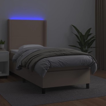vidaXL Κρεβάτι Boxspring Στρώμα&LED Καπουτσίνο 90x200 εκ. Συνθ. Δέρμα