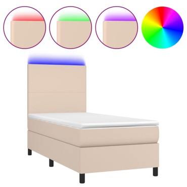 vidaXL Κρεβάτι Boxspring Στρώμα&LED Καπουτσίνο 90x200 εκ. Συνθ. Δέρμα