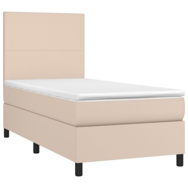 vidaXL Κρεβάτι Boxspring Στρώμα&LED Καπουτσίνο 90x200 εκ. Συνθ. Δέρμα