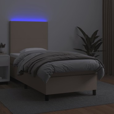 vidaXL Κρεβάτι Boxspring Στρώμα&LED Καπουτσίνο 90x200 εκ. Συνθ. Δέρμα