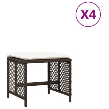 vidaXL Σκαμπό Κήπου 4 τεμ. Καφέ 41x41x36cm Συνθ. Ρατάν με Μαξιλάρια