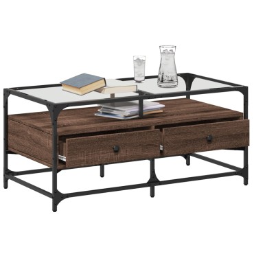 vidaXL Τραπεζάκι Σαλονιού Καφέ Δρυς 98,5x50x45cm με Γυάλινες Πόρτες 1 τεμ.