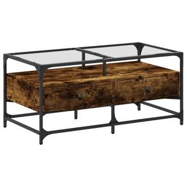 vidaXL Τραπεζάκι Σαλονιού Καπνιστή Δρυς 98,5x50x45cm Γυάλινες Πόρτες 1 τεμ.
