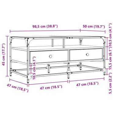 vidaXL Τραπεζάκι Σαλονιού Γυάλινη Επιφ Sonoma Δρυς 98,5x50x45cm Ατσάλι 1 τεμ.
