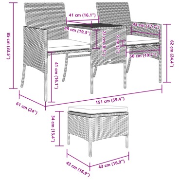 vidaXL Καναπές Κήπου Διθέσιος με Τραπέζι & Σκαμπό Καφέ Συνθ. Ρατάν 48x45cm