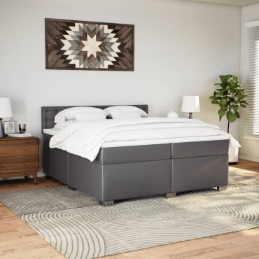 vidaXL Κρεβάτι Boxspring με Στρώμα Γκρι 200x200cm Συνθετικό Δέρμα 1 τεμ. - Διπλό