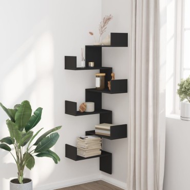 vidaXL Γωνιακή Ραφιέρα Τοίχου Μαύρο 45x45x147cm από Επεξ. Ξύλο 1 τεμ.