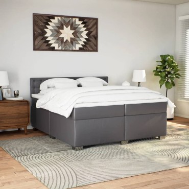 vidaXL Κρεβάτι Boxspring με Στρώμα Γκρι 200x200cm Συνθετικό Δέρμα 1 τεμ. - Διπλό