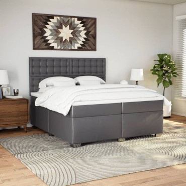 vidaXL Κρεβάτι Boxspring με Στρώμα Γκρι 200x200cm Συνθετικό Δέρμα 1 τεμ. - Διπλό