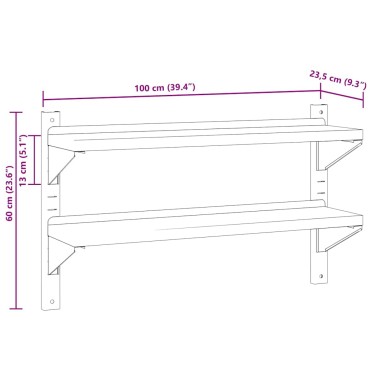 vidaXL Ράφι Τοίχου 2 Επιπ. Ασημί 100x23,5x60cm Ανοξείδωτο Ατσάλι 1 τεμ.