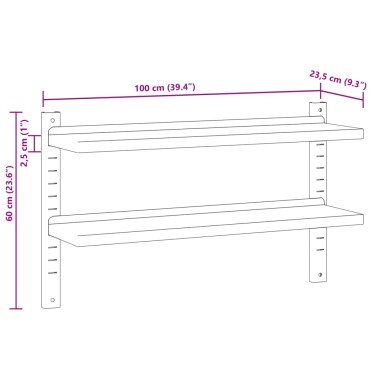 vidaXL Ράφι Τοίχου 2 Επιπ. Ασημί 100x23,5x60cm Ανοξείδωτο Ατσάλι 1 τεμ.