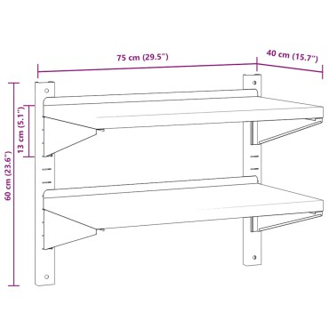 vidaXL Ράφι Τοίχου 2 Επιπ. Ασημί 75x40x60cm Ανοξείδωτο Ατσάλι 1 τεμ.