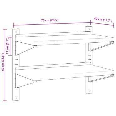 vidaXL Ράφι Τοίχου 2 Επιπ. Ασημί 75x40x60cm Ανοξείδωτο Ατσάλι 1 τεμ.