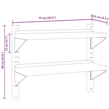 vidaXL Ράφι Τοίχου 2 Επιπ. Ασημί 75x23,5x60cm Ανοξείδωτο Ατσάλι 1 τεμ.