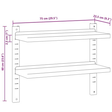 vidaXL Ράφι Τοίχου 2 Επιπ. Ασημί 75x23,5x60cm Ανοξείδωτο Ατσάλι 1 τεμ.