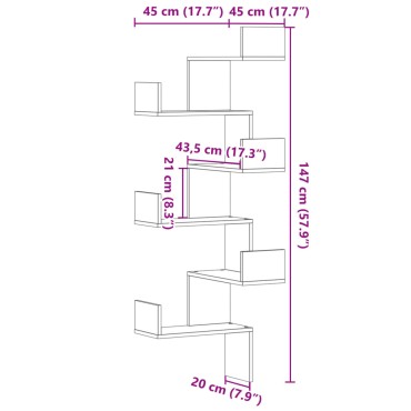 vidaXL Γωνιακή Ραφιέρα Τοίχου Γκρι Σκυρ. 45x45x147cm Επεξ. Ξύλο 1 τεμ.