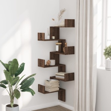 vidaXL Γωνιακή Ραφιέρα Τοίχου Καφέ Δρυς 45x45x147cm Επεξ. Ξύλο 1 τεμ.