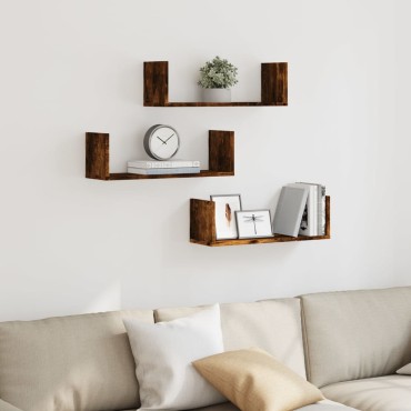 vidaXL Ράφια Τοίχου 3 τεμ. Καπνιστή Δρυς 58x18x18cm Επεξεργ. Ξύλο