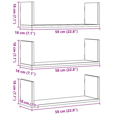 vidaXL Ράφια Τοίχου 3 τεμ. Καπνιστή Δρυς 58x18x18cm Επεξεργ. Ξύλο