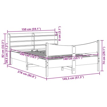 vidaXL Πλαίσιο Κρεβατιού με Κεφαλάρι 140x200cm από Μασίφ Ξύλο Πεύκου 1 τεμ. - Διπλό