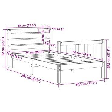 vidaXL Σκελετός Κρεβατιού Χωρίς Στρώμα 75x190cm Μασίφ Ξύλο Πεύκου 1 τεμ. - Μονό