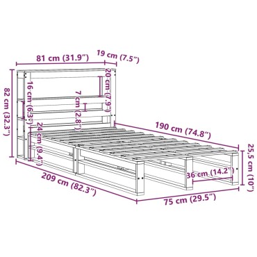 vidaXL Σκελετός Κρεβ. Χωρίς Στρώμα Καφέ Κεριού 75x190 εκ Μασίφ Πεύκο