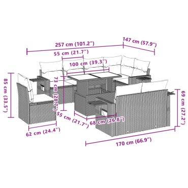 vidaXL Σαλόνι Κήπου Σετ 9 τεμ. Γκρι Συνθετικό Ρατάν με Μαξιλάρια 55x55cm