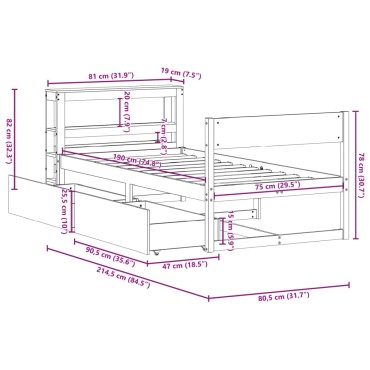 vidaXL Σκελετός Κρεβατιού Χωρίς Στρώμα 75x190 εκ Μασίφ Ξύλο Πεύκου