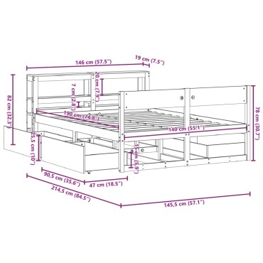 vidaXL Σκελετός Κρεβατιού Χωρίς Στρώμα Καφέ 140x190 Μασίφ Ξύλο Πεύκου 214,5x146x82cm 1 τεμ. - Διπλό