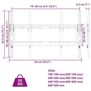 vidaXL Βάση Τηλεόρασης Επιτοίχια για 26-63Ιν Max VESA 600x400χιλ. 50κ.