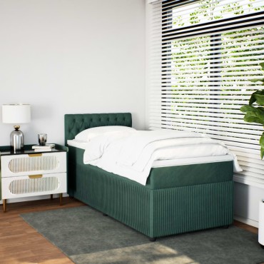 vidaXL Κρεβάτι Boxspring με Στρώμα Σκούρο Πράσινο 90x190cm Βελούδινο 1 τεμ. - Μονό