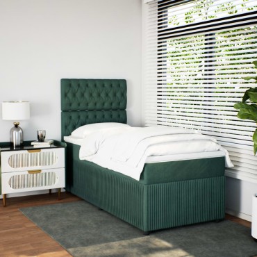 vidaXL Κρεβάτι Boxspring με Στρώμα Σκούρο Πράσινο 90x190cm Βελούδινο 1 τεμ. - Μονό