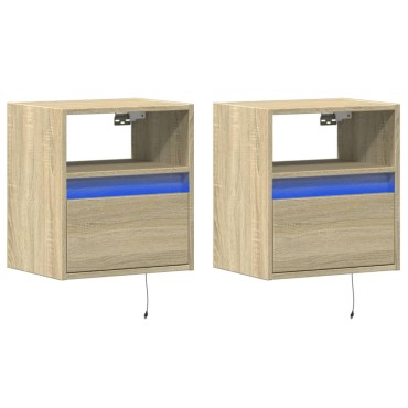 vidaXL Κομοδίνα Επιτοίχια με Φώτα LED 2 τεμ. Sonoma Δρυς 41x31x45cm