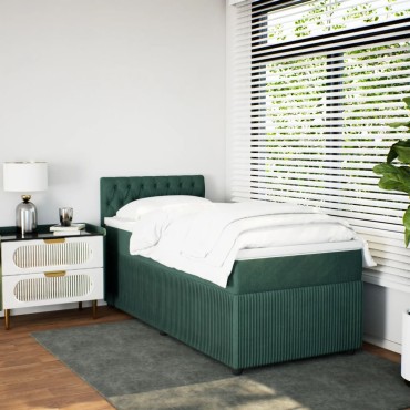 vidaXL Κρεβάτι Boxspring με Στρώμα Σκούρο Πράσινο 90x200cm Βελούδινο 1 τεμ. - Μονό