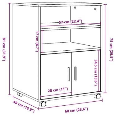 vidaXL Ντουλάπι Με Ροδάκια Καπνιστή Δρυς 60x48x81cm Επεξ. Ξύλο 1 τεμ.
