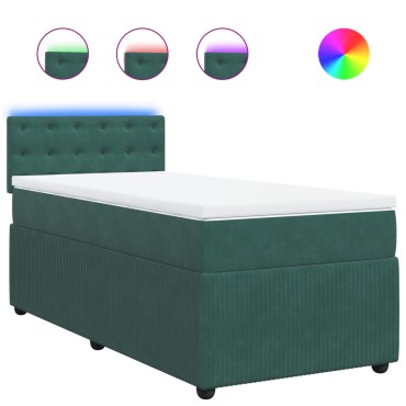 vidaXL Κρεβάτι Boxspring με Στρώμα Σκούρο Πράσινο 90x200 εκ. Βελούδινο