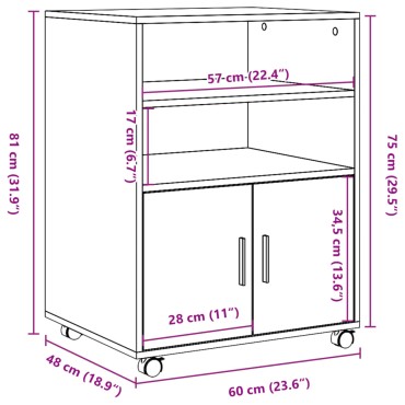 vidaXL Ντουλάπι Με Ροδάκια Καφέ Δρυς 60x48x81cm Επεξεργασμένο Ξύλο 1 τεμ.