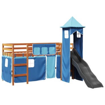 vidaXL Υπερυψωμένο Κρεβάτι με Πύργο Μπλε 90x190cm Μασίφ Ξύλο Πεύκου 1 τεμ. - Μονό