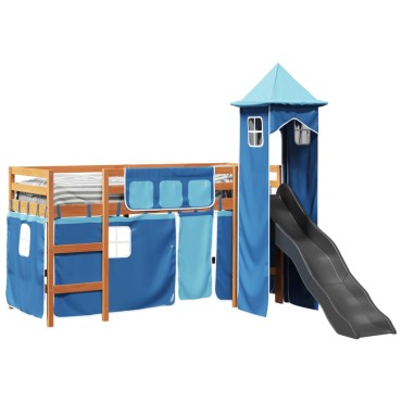 vidaXL Υπερυψωμένο Κρεβάτι με Πύργο Μπλε 90x190cm Μασίφ Ξύλο Πεύκου 1 τεμ. - Μονό