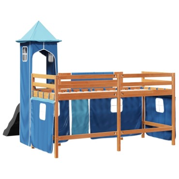 vidaXL Υπερυψωμένο Κρεβάτι με Πύργο Μπλε 90x190cm Μασίφ Ξύλο Πεύκου 1 τεμ. - Μονό
