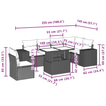 vidaXL Σαλόνι Κήπου Σετ 7 τεμ. Γκρι Συνθετικό Ρατάν με Μαξιλάρια 55x55cm