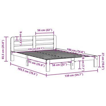 vidaXL Σκελετός Κρεβατιού Χωρίς Στρώμα 135x190 εκ Μασίφ Ξύλο Πεύκου