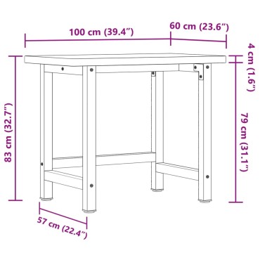 vidaXL Πάγκος Εργασίας Ορθογώνιος 100x60x83 εκ. από Μασίφ Ξύλο Οξιάς