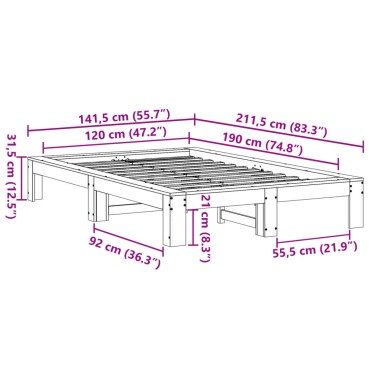 vidaXL Σκελετός Κρεβατιού Χωρίς Στρώμα 120x190 εκ Μασίφ Ξύλο Πεύκου